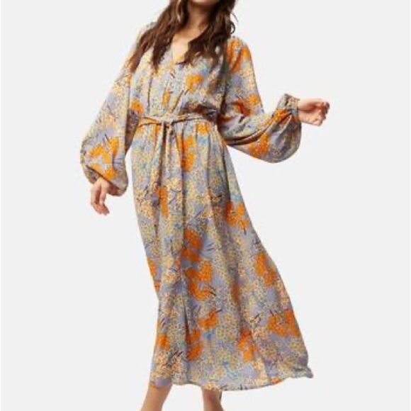 Traffic People Corrine Midi Dress In Grey Floral Berry Ballon Sleeves Size XS - Picture 1 of 9